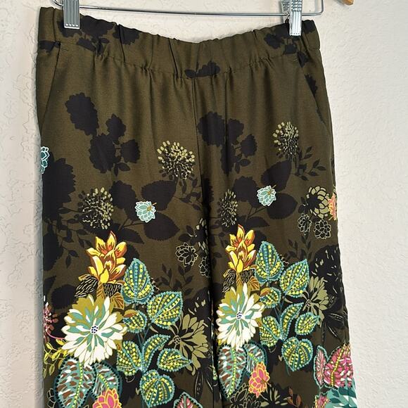 Loft Coral Springs Wide Leg Sateen Olive Green Pants Preppy Colorful Floral Fall - Picture 6 of 9
